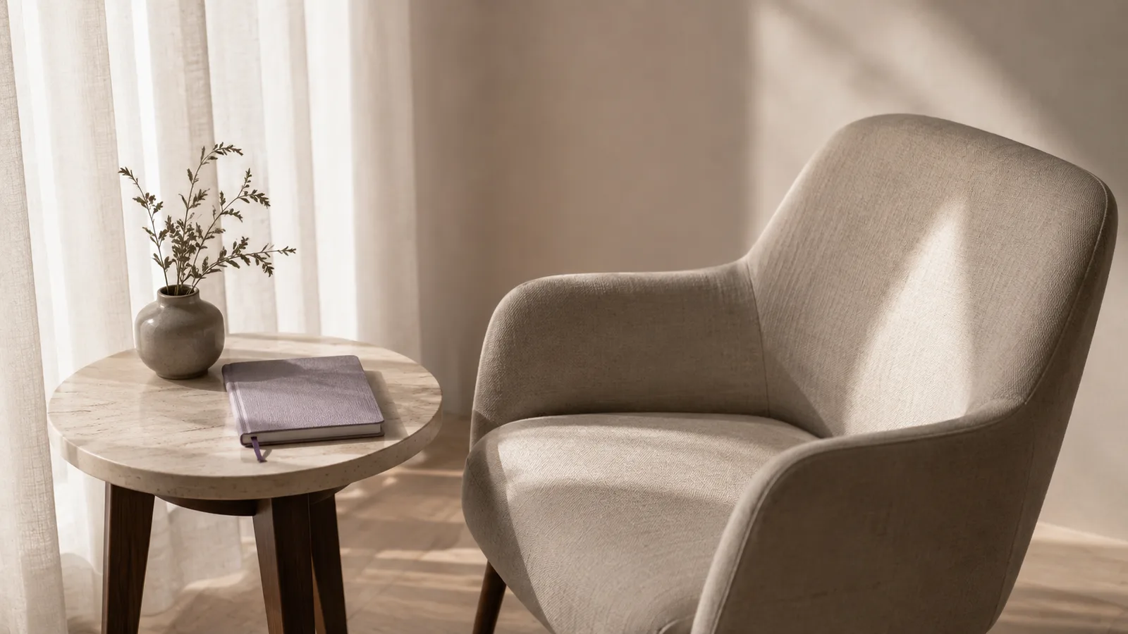 Un sillón junto a una ventana, con una mesa lateral, una planta y un cuaderno